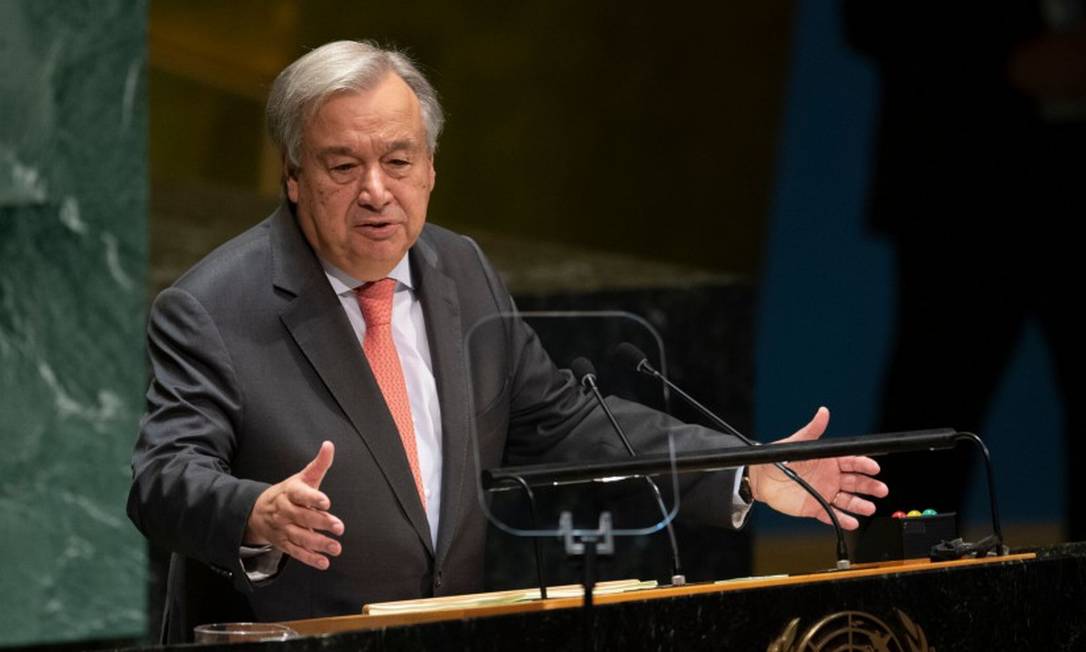 António Guterres, secretário-geral da ONU, durante discurso na Assembleia Geral Foto: DON EMMERT / AFP