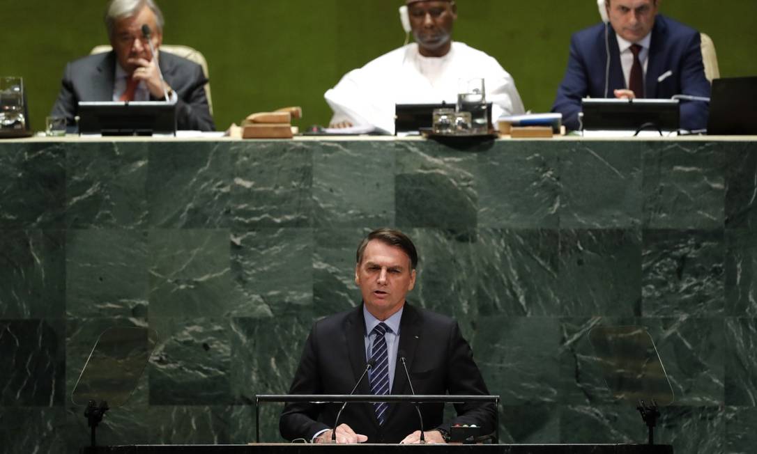 O presidente Jair Bolsonaro durante discurso na Assembleia Geral da ONU durante seu discurso: bom humor na volta ao hotel
Foto: LUCAS JACKSON / REUTERS