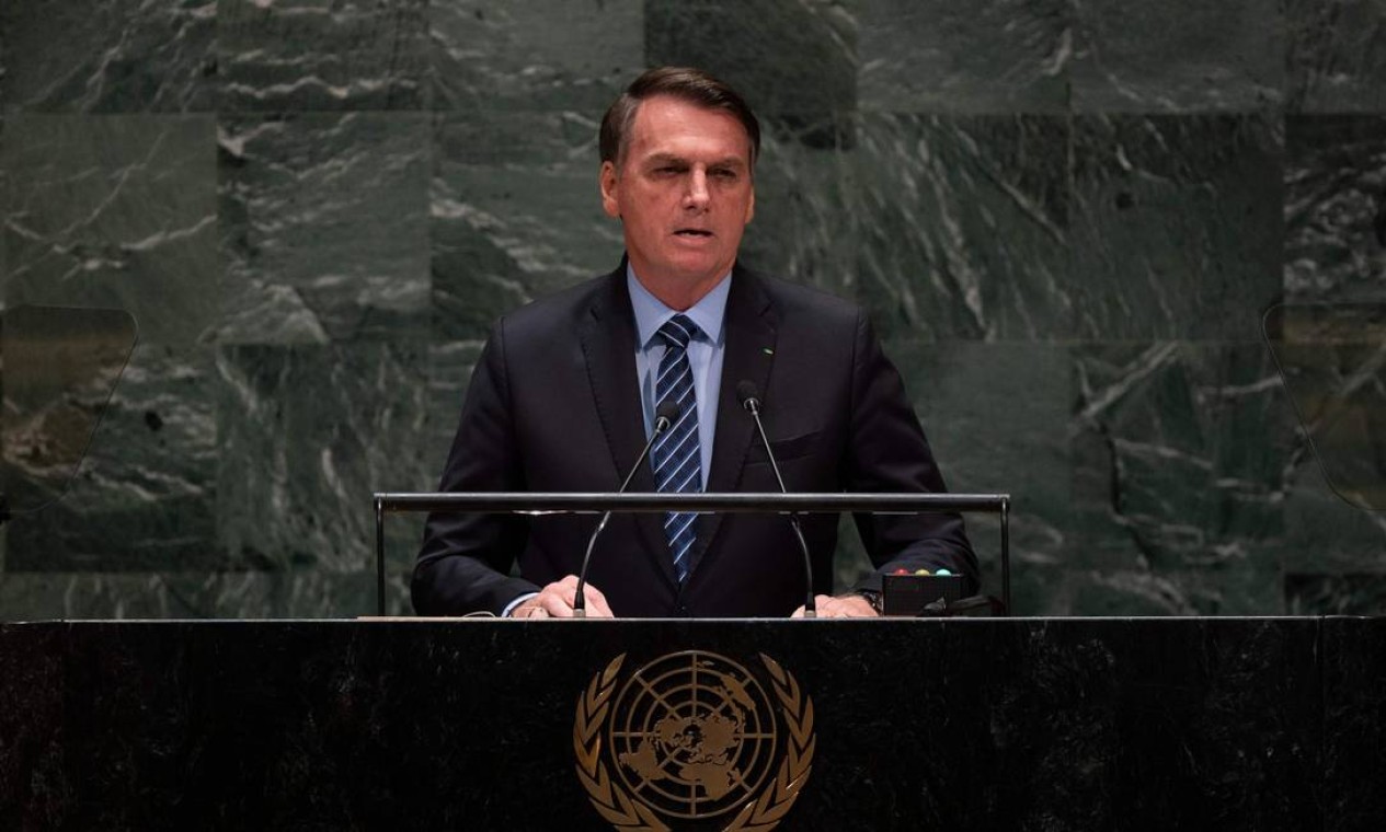 No discurso Jair Bolsonaro defendeu a soberania nacional na Amazônia, entre outros pontos Foto: JOHANNES EISELE / AFP