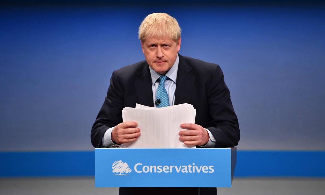 Primeiro-ministro Boris Johnson, durante discurso em conferência anual do Partido Conservador Foto: PAUL ELLIS / AFP
