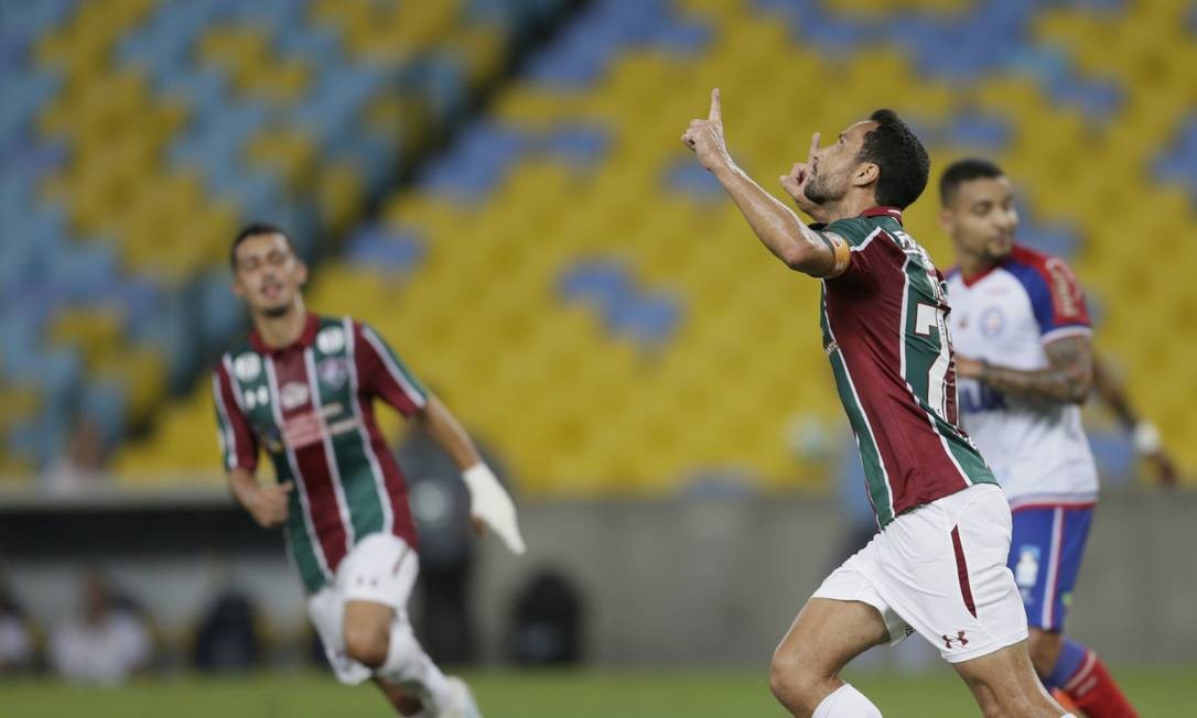 Nenê comemora o primeiro gol do Fluminense contra o Bahia Foto: Antonio Scorza / Antonio Scorza