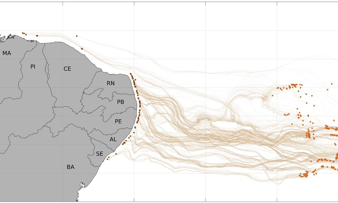 Simulação de computador da Coppe/UFRJ mostra possíveis trajetórias de manchas de óleo que desaguaram no litoral nordestino Foto: Lamce/Coppe/UFRJ
