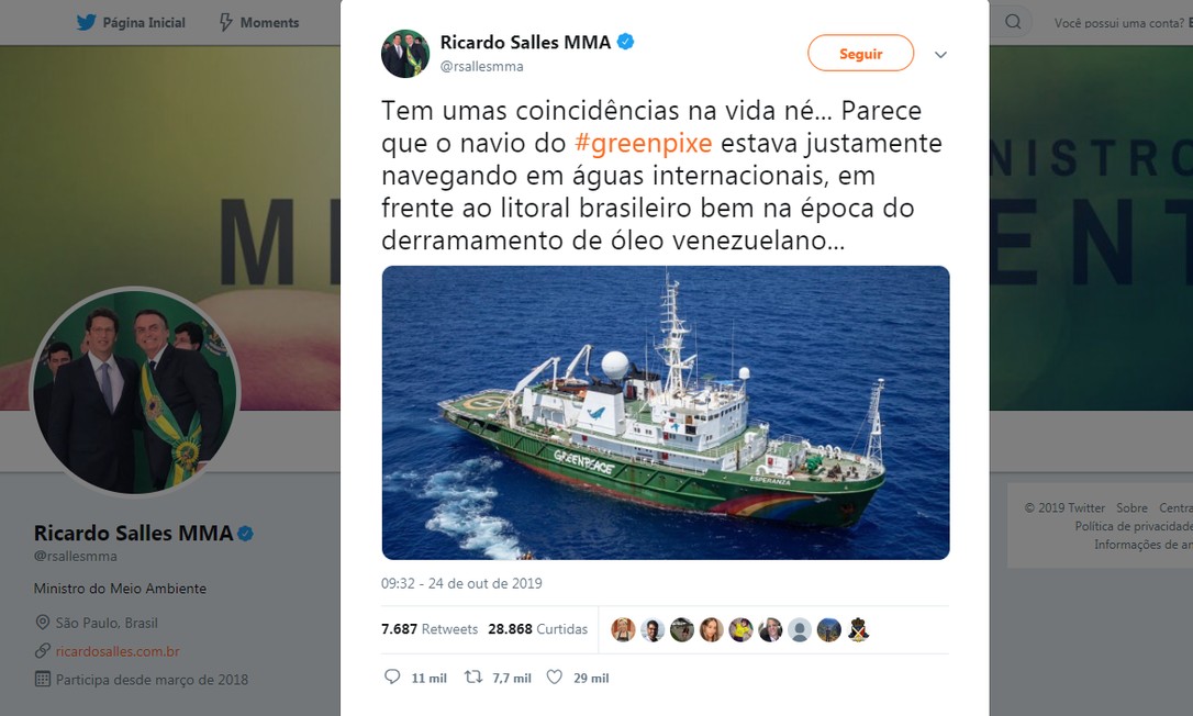 Em sua conta oficial no Twitter, o ministro do Meio Ambiente, Ricardo Salles, insinuou que a ONG internacional Greepeace estaria envolvida no derramamento de óleo no litoral brasileiro Foto: Reprodução