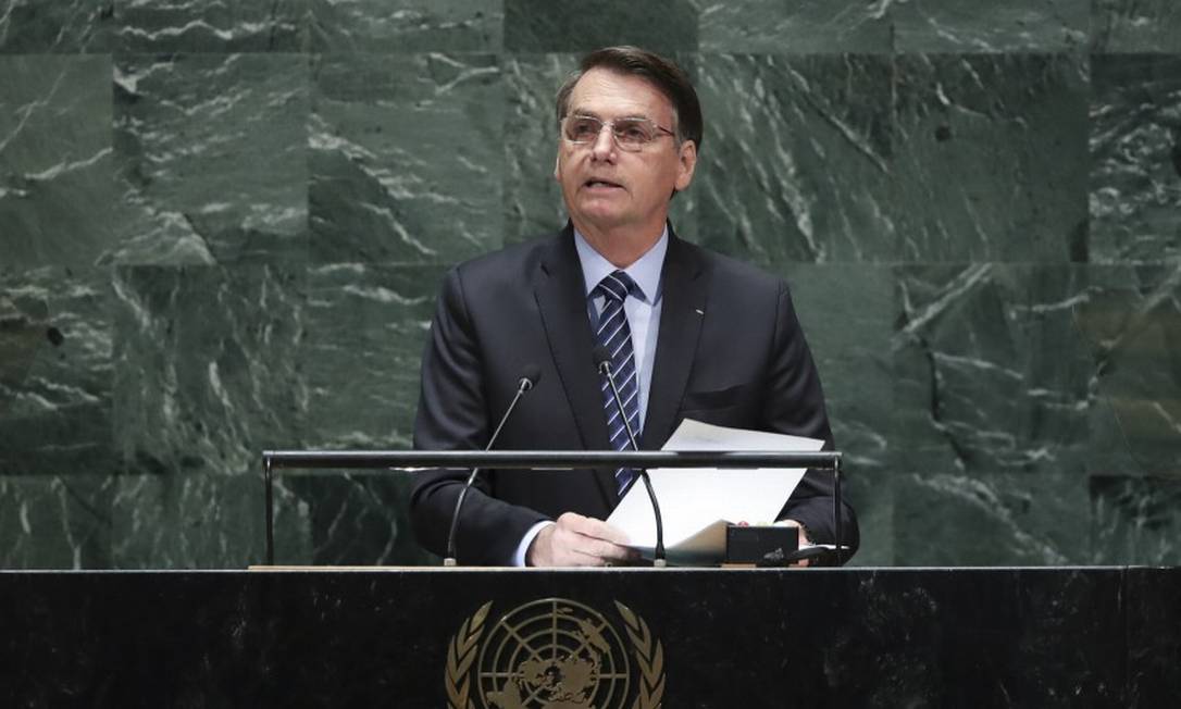 Presidente Jair Bolsonaro, durante discurso na Assembleia Geral da ONU Foto: Drew Angerer / AFP