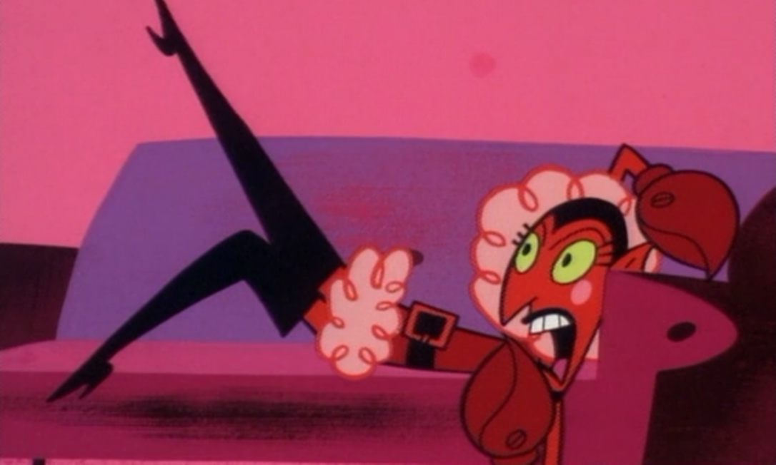 Um personagem de desenho animado com um alienígena rosa e azul à esquerda e  um alienígena rosa à direita.
