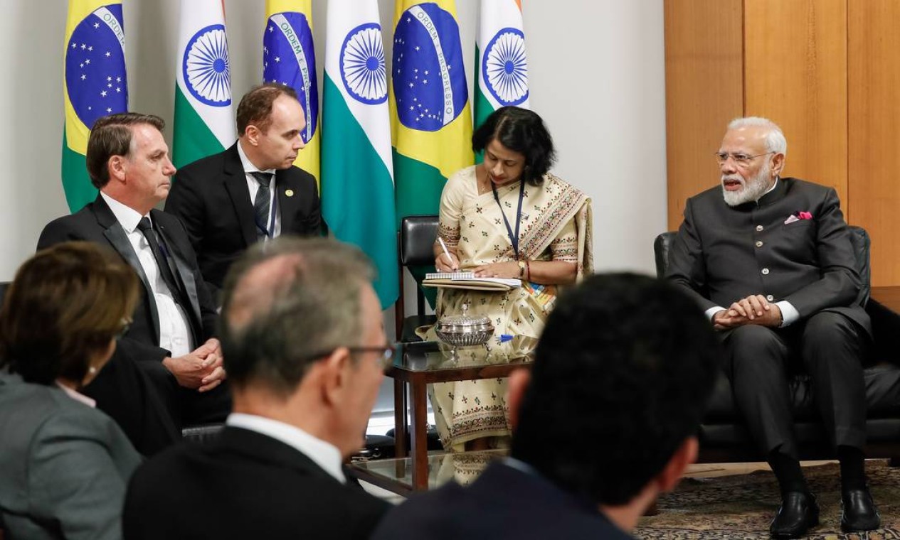 Reunião bilateral entre o presidente brasileiro, Jair Bolsonaro, e o primeiro-ministro indiano, Narendra Modi, no Itamaraty. Modi ressaltou seu interesse em aprimorar a cooperação com o Brasil, sobretudo nos setores de processamento de alimentos e na agropecuária Foto: ISAC NOBREGA / AFP