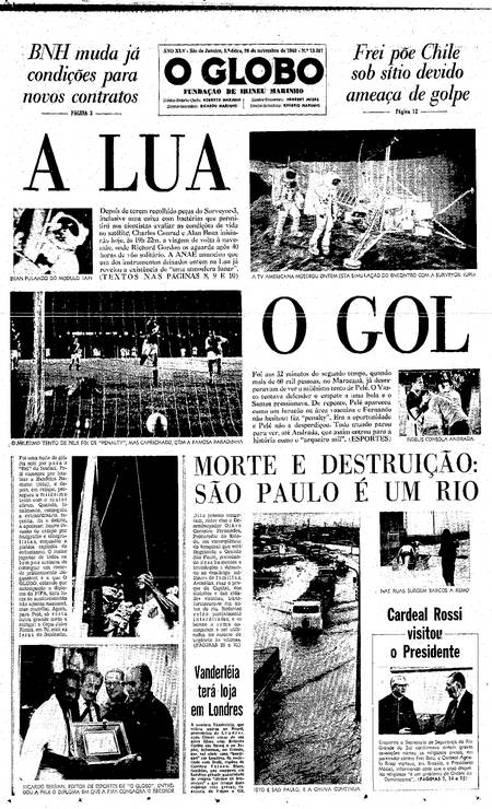 A primeira página do GLOBO de 20/11/1969, noticiando o milésimo gol de Pelé Foto: Reprodução