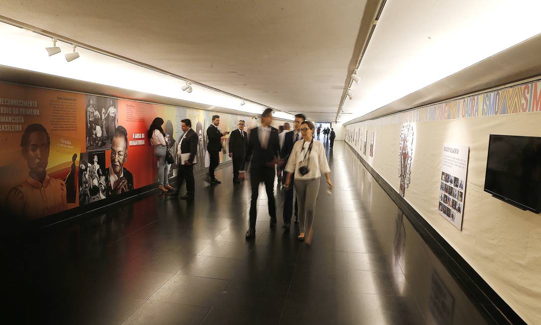 Murais com fotos e charges sobre o Dia da Consciência Negra, no corredor que dá acesso as comissões da Câmara.
Foto: Jorge William / Agência O Globo