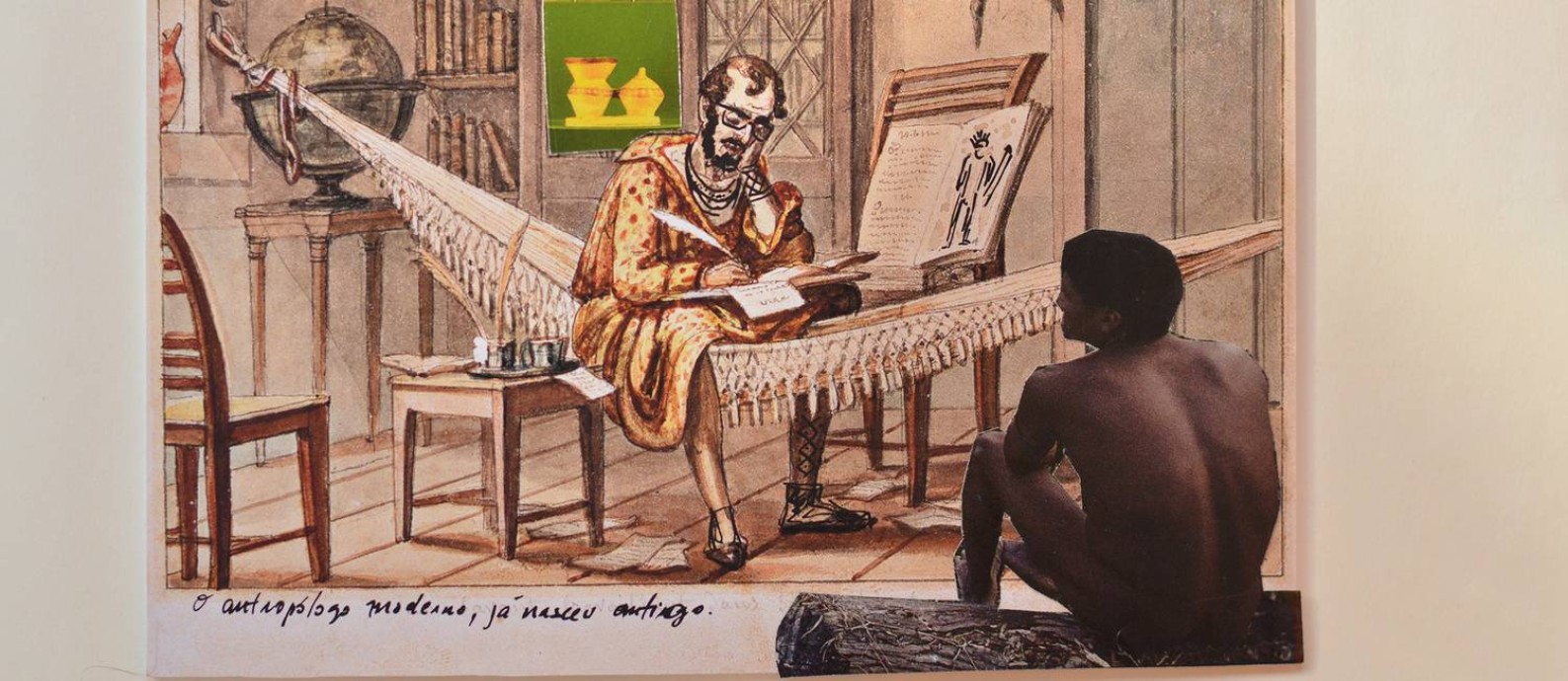 'O antropologo moderno já nasceu antigo', desenho e colagem de Denilson Baniwa a partir de obra de Debret Foto: Divulgação