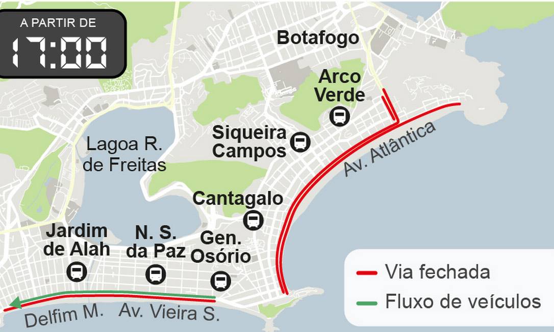 De acordo com a CET-Rio, o bloqueio total da Atlântica começa duas horas mais tarde no dia 31 Foto: Arte O Globo