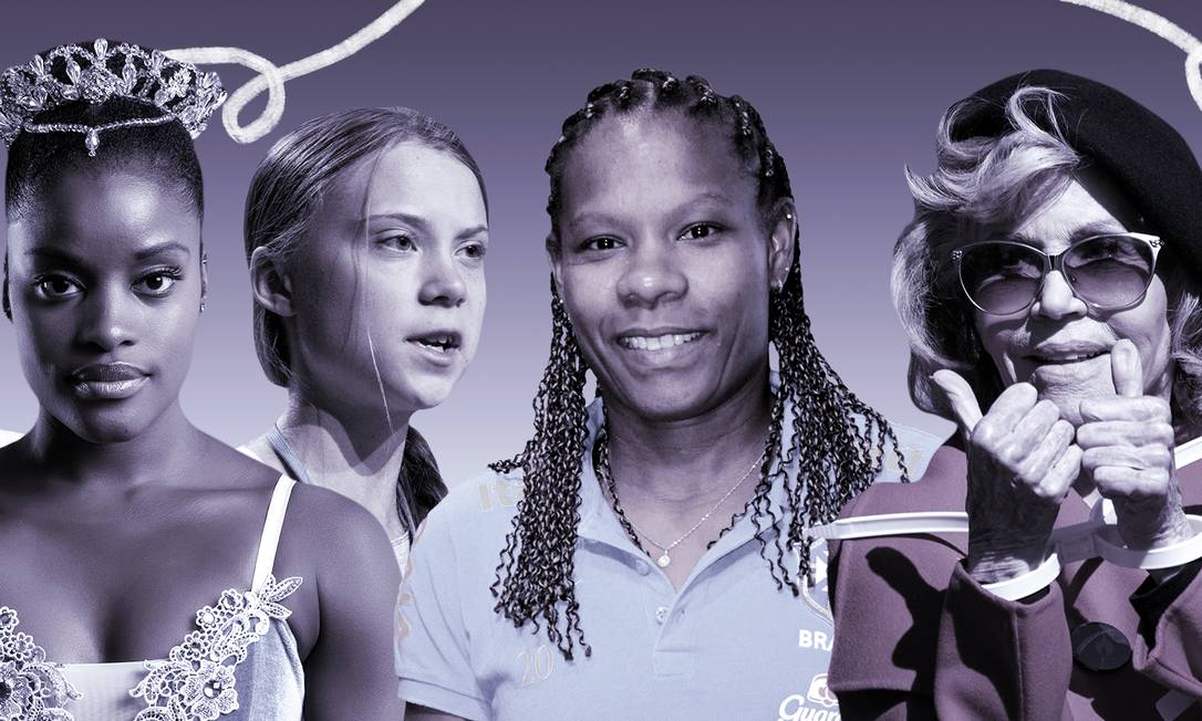 A partir da esquerda: Ingrid Silva, Greta Thunberg, Formiga e Jane Fonda Foto: Arte de Ana Luiza Costa sobre fotos de divulgação