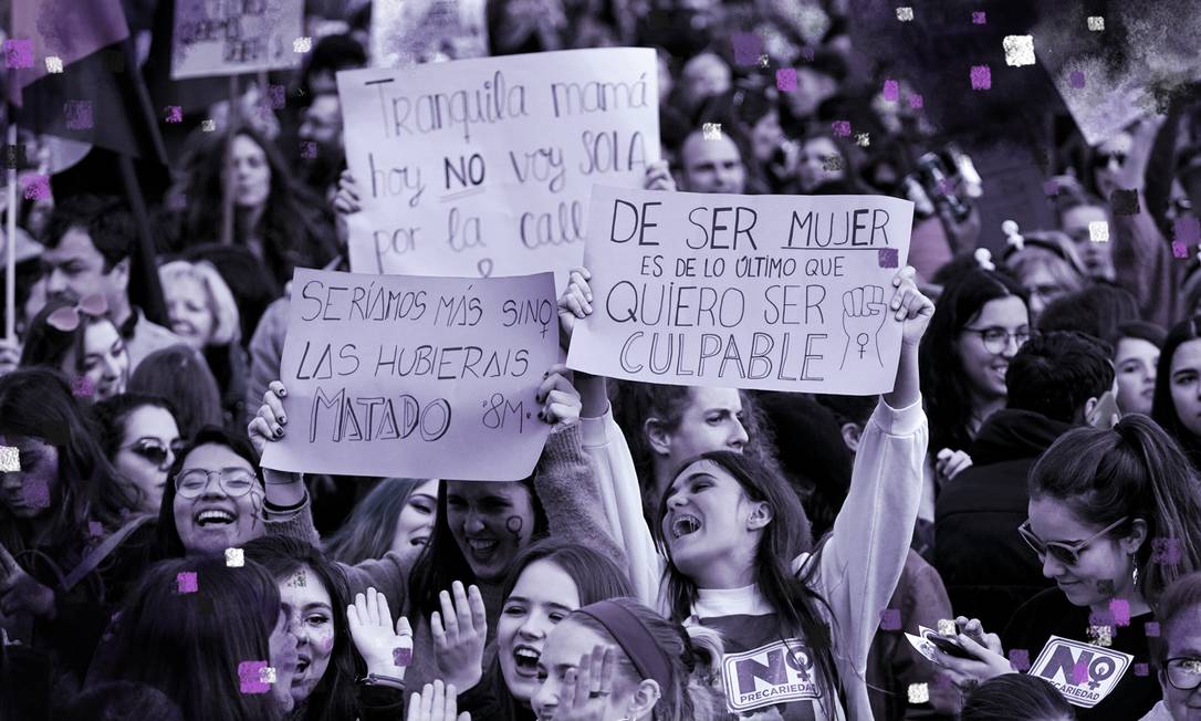 Manifestantes em Madri, no Dia Internacional da Mulher, celebram conquistas e demandam direitos Foto: Reuters