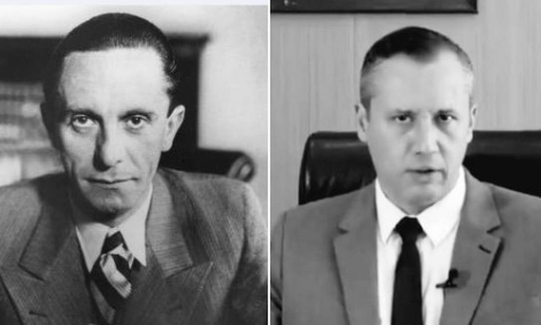 Montagem na internet compara o ministro da propaganda da Alemanha nazista, Joseph Goebbels (à esquerda), com o secretário especial de Cultura, Roberto Alvim (à direita) Foto: Reprodução