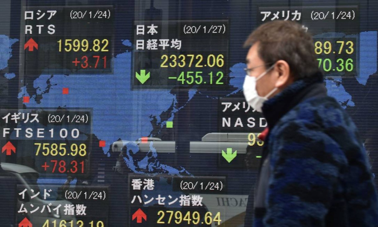 Painel exibe preços das ações dos cursos mundiais, incluindo a Bolsa de Valores de Tóquio. O principal índice Nikkei de Tóquio caiu mais de 2% no aberto Foto: KAZUHIRO NOGI / AFP