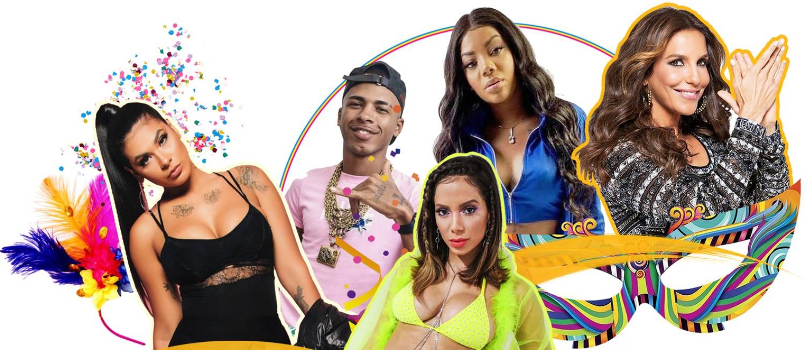 Pocah, Rennan da Penha, Ludmilla, Ivete Sangalo e Anitta: lançamentos para o carnaval Foto: Arte com fotos de divulgação