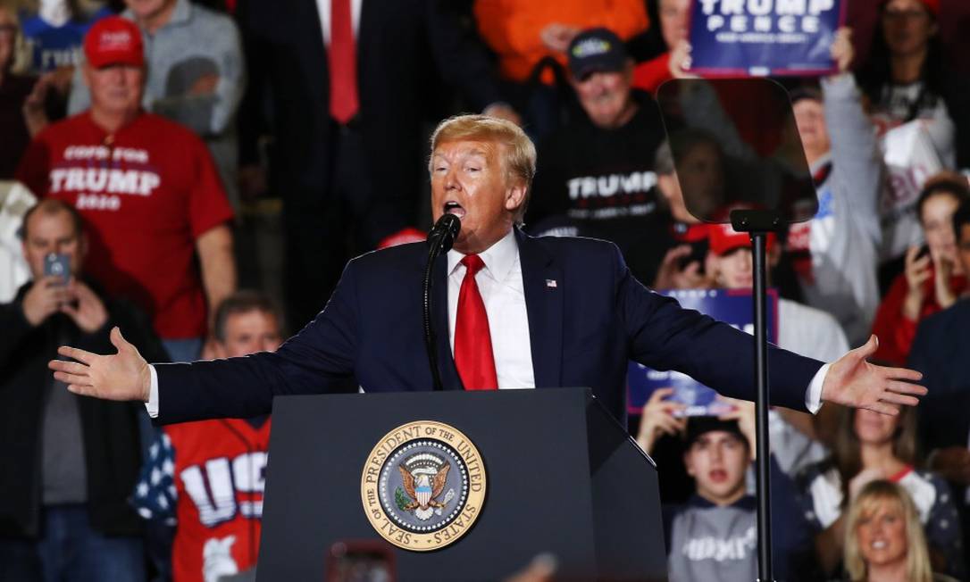 Presidente Donald Trump, durante comício na cidade de Des Moines, Iowa Foto: SPENCER PLATT / AFP / 30-01-2020