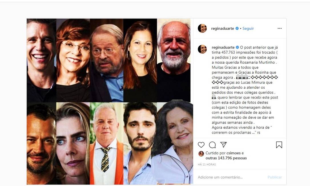 Instagram de Regina Duarte, na manhã de sábado, 01/02 Foto: Reprodução