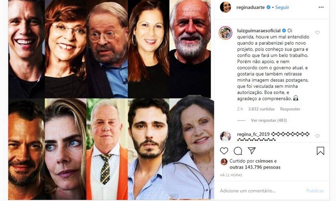 Comentário de Luiz Fernando Guimarães em post de Regina Duarte Foto: Reprodução