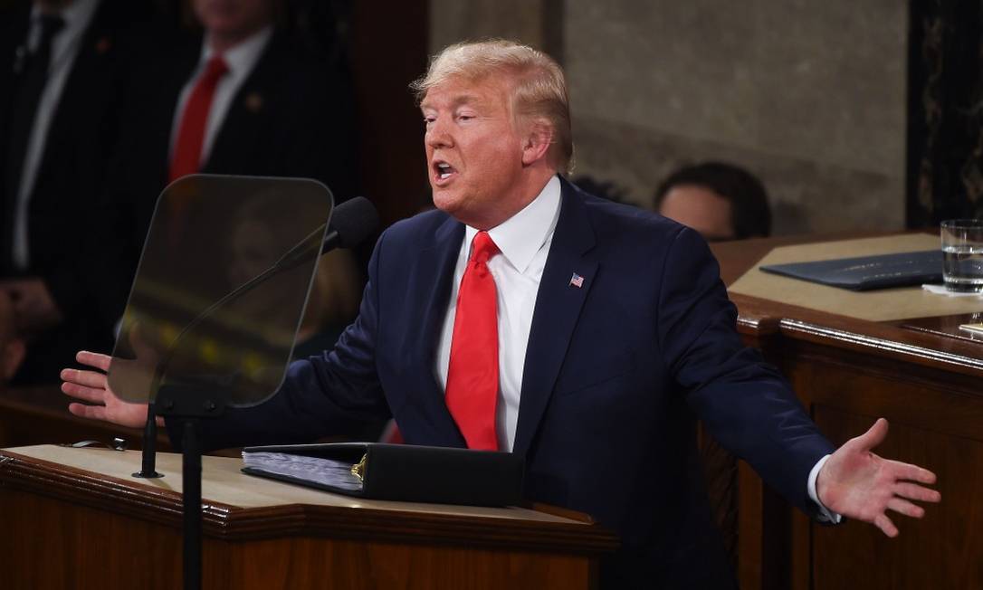 Presidente dos Estados Unidos, Donald Trump, durante discurso sobre o Estado da União Foto: Olivier Douliery / AFP/04-02-2020