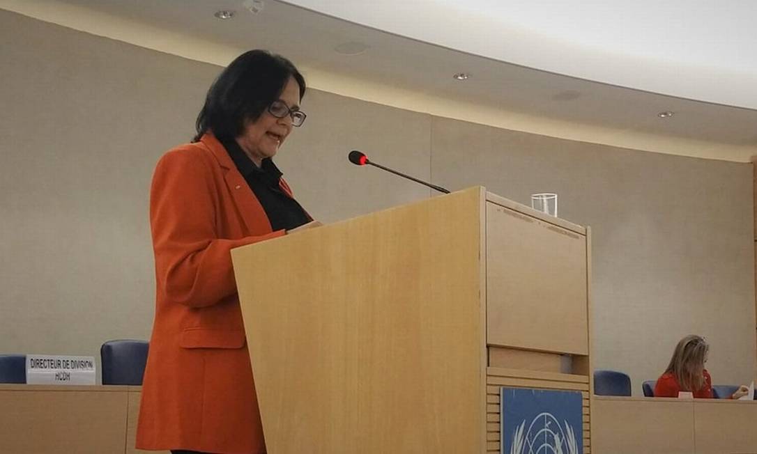 A ministra da Mulher, da Família e dos Direitos Humanos, Damares Alves, durante discurso em Genebra Foto: Divulgação 