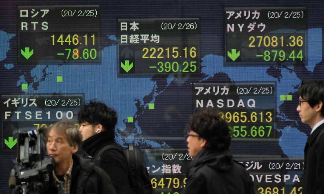 Pedestres passam por um painel eletrônico que exibe os preços das ações do Índice Nikkei 225 e de outras bolsas de valores globais em Tóquio, nesta quarta-feira Foto: Kazuhiro Nogi / AFP