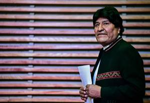 Ex-presidente boliviano Evo Morales chega em entrevista coletiva em Buenos Aires no dia 21/02/20 Foto: RONALDO SCHEMIDT / AFP