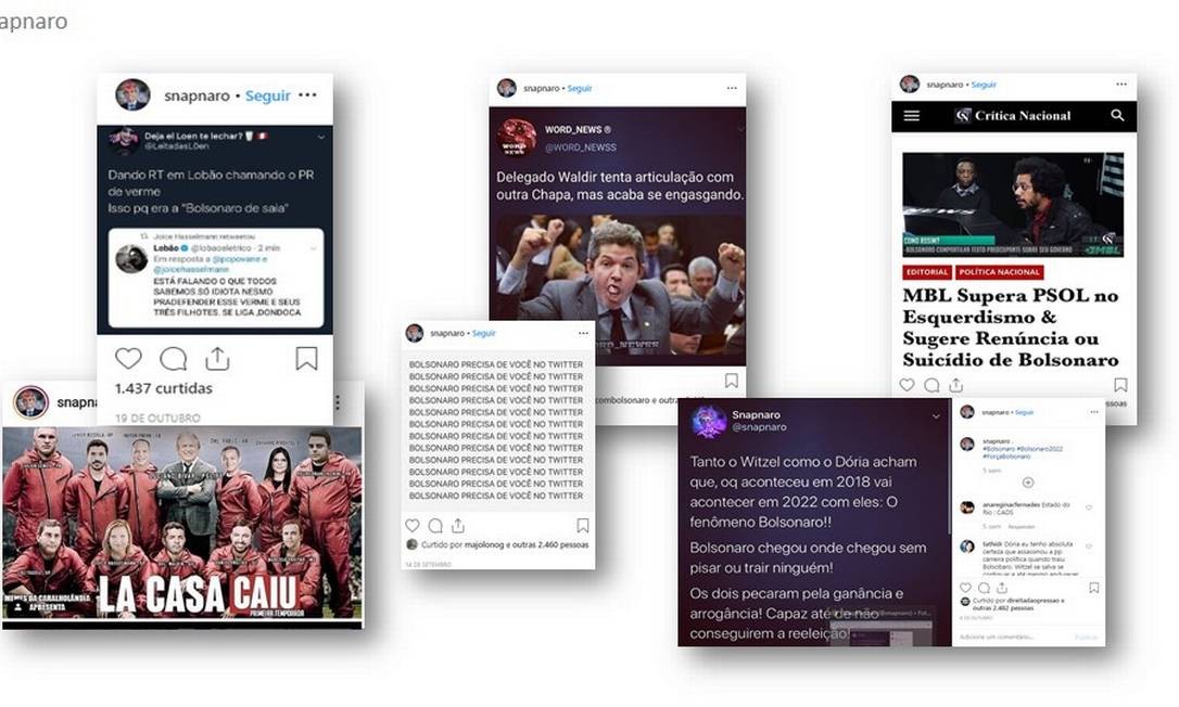 Posts do perfil snapnaro do Instagran, apontado como participante de uma rede de ataques a adversários de Bolsonaro e de disseminação de fake news Foto: Reprodução