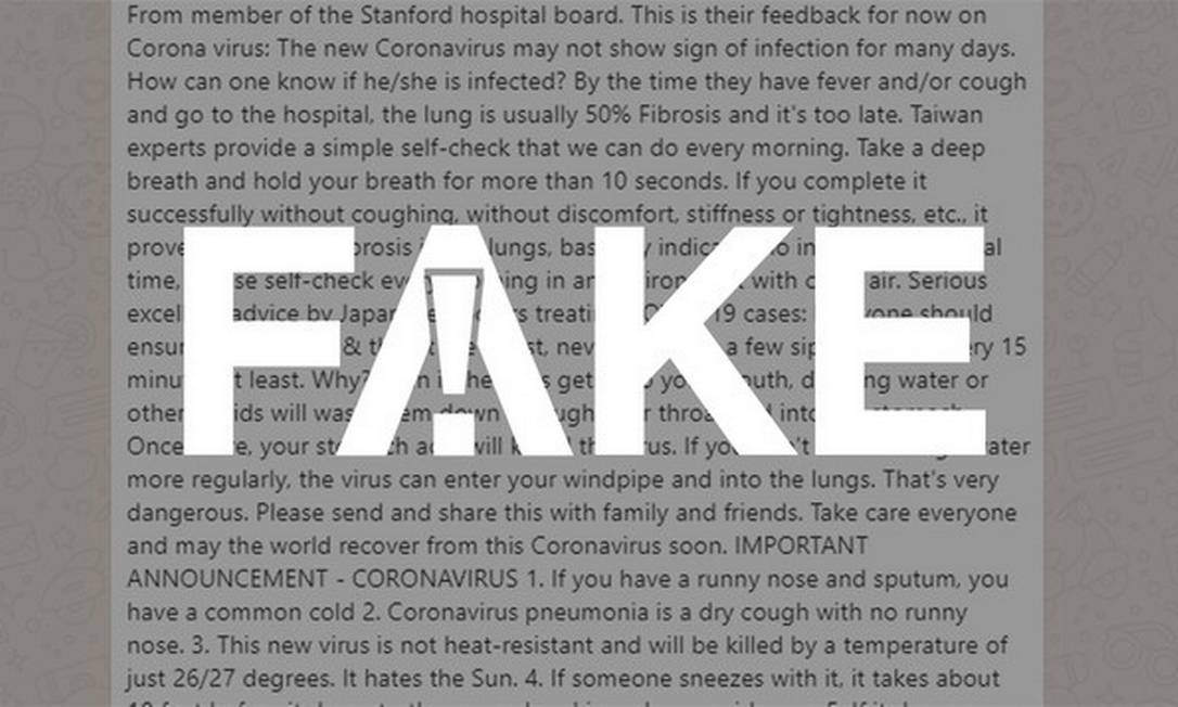 É #FAKE mensagem sobre coronavírus atribuída ao hospital de Stanford Foto: Reprodução