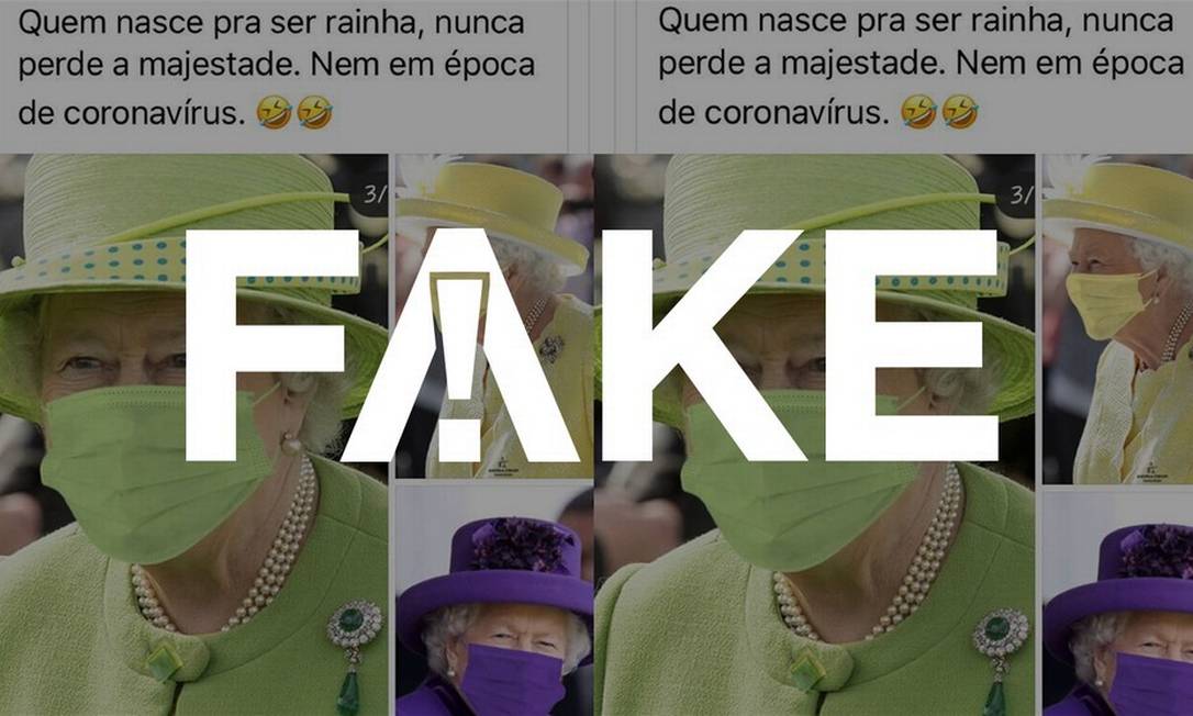 É #FAKE que imagens mostrem rainha Elizabeth II com máscaras da mesma cor da roupa no meio da pandemia de coronavírus Foto: Reprodução