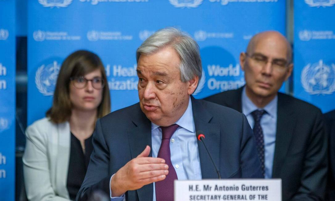 Secretário-geral da ONU, António Guterres, durante entrevista coletiva Foto: SALVATORE DI NOLFI / AFP / 24-02-2020