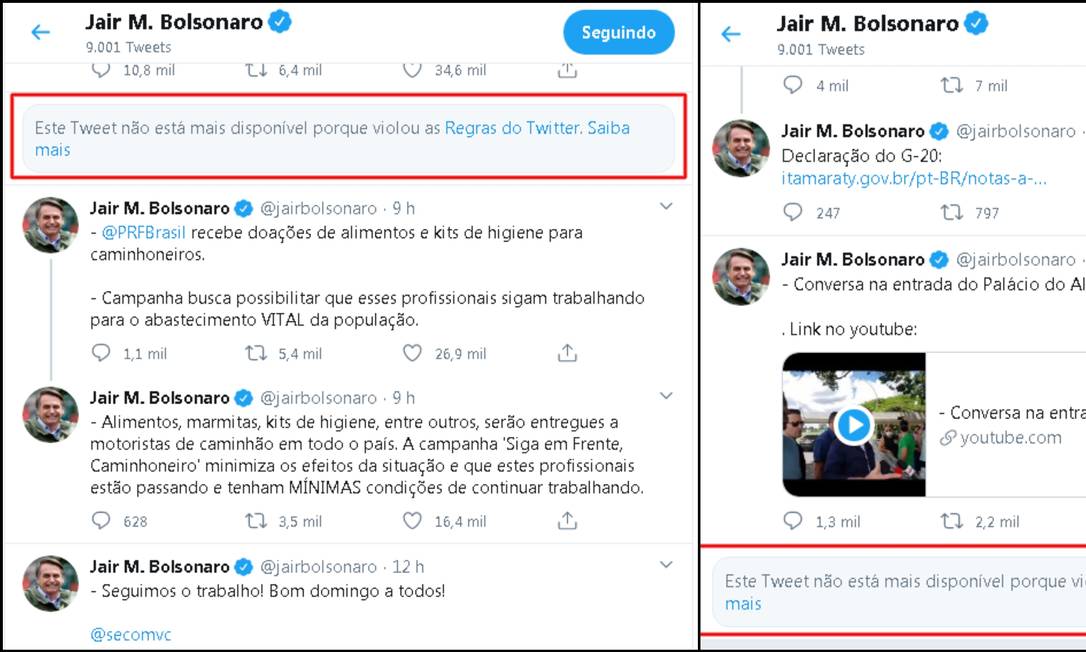 Posts no perfil do presidente Jair Bolsonaro foram excluídos pelo Twitter Foto: Twitter / Reprodução