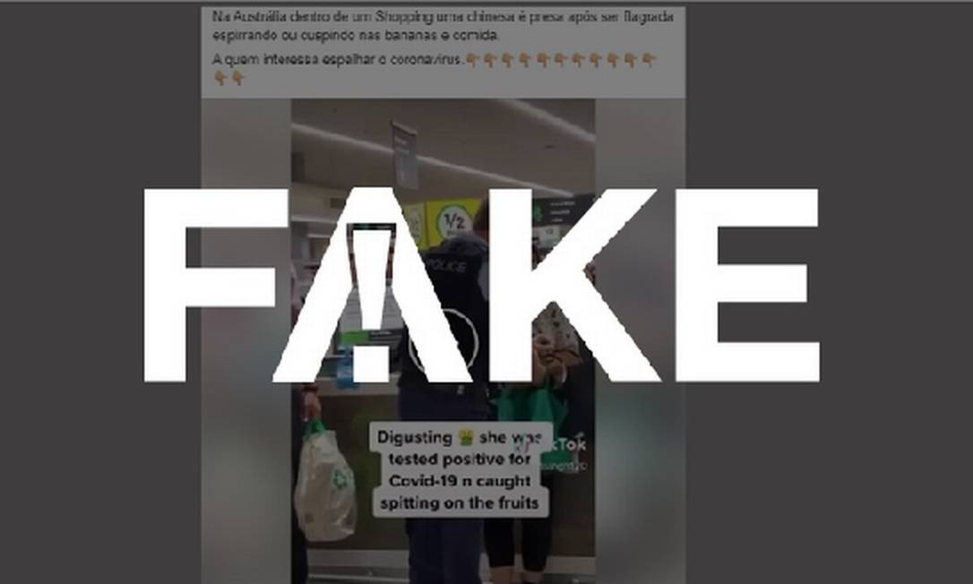 É #FAKE que vídeo mostre chinesa com coronavírus sendo presa em mercado da Austrália após cuspir em bananas Foto: Reproduçao