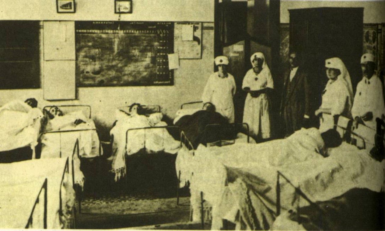 Pacientes recebem tratamento
para a gripe espanhola no Brasil, na década de 1920: foram 40 milhões de mortos
no mundo. Leitos eram insuficientes para a quantidade de doentes acometidos pela doença Foto: Reprodução