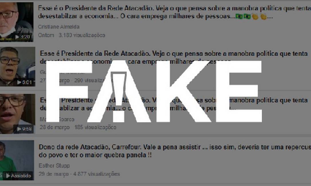 É #FAKE que vídeos mostrem donos do Atacadão e do Carrefour pedindo fim do isolamento social Foto: Reprodução