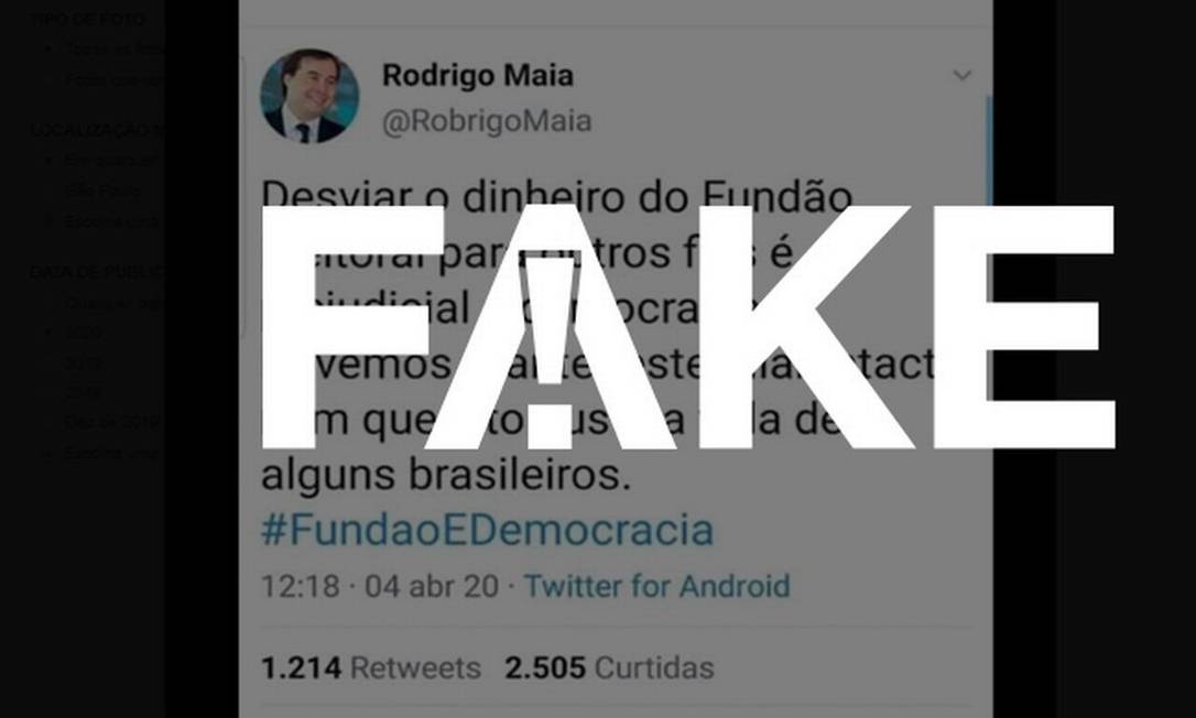 É #FAKE post atribuído a Maia com crítica à ideia de uso do Fundo Eleitoral no combate ao coronavírus Foto: Reprodução