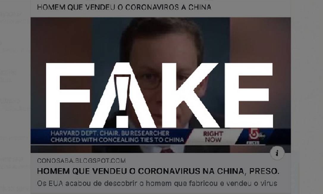 É #FAKE que pesquisador foi preso nos EUA por fabricar e vender o novo coronavírus para a China Foto: Reprodução