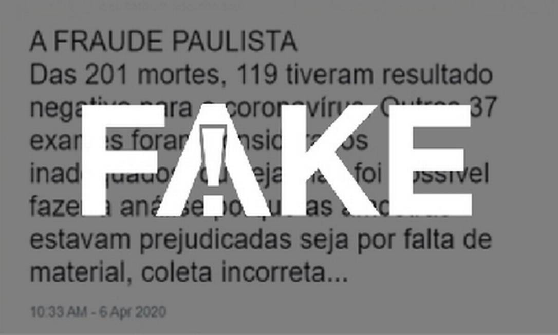 É #FAKE que governo de SP fez revisão de mortes confirmadas de Covid-19 e mais da metade teve resultado negativo Foto: Reprodução