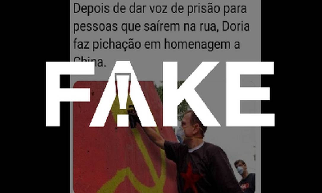 É #FAKE foto que mostra Doria pichando símbolo comunista em muro Foto: Reprodução