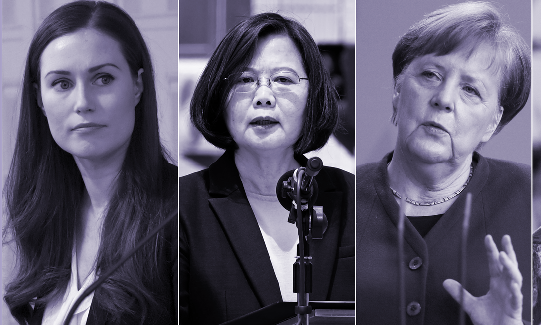 Da esquerda para direita, as primeiras-ministras: Sanna Marin, da Finlândia; Tsai Ing-Wen, de Taiwan; Angela Merkel, da Alemanha; e Jacinda Ardern, Nova Zelândia Foto: AFP e Reuters 