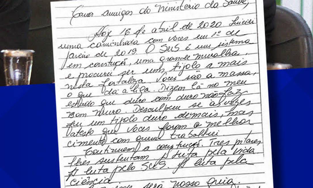 Carta de Luiz Henrique Mandetta, demitido do Ministério da Saúde Foto: Reprodução 