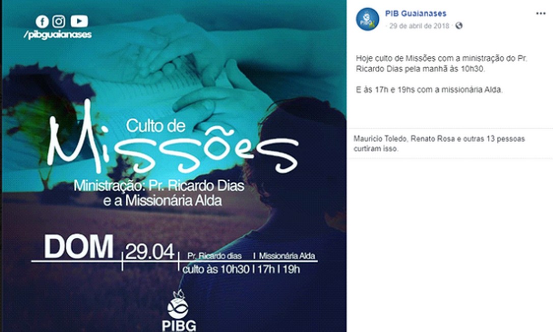 Anúncio do culto voltado para missões indígenas na Primeira Igreja Batista de Guaianases, ministrado por Ricardo Dias Lopes em 2018 Foto: Reprodução