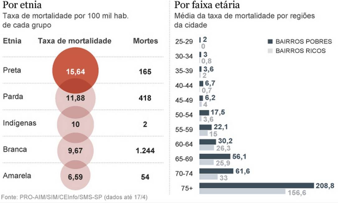 Mortes por Covid-19 divididas por etnia e idade Foto: Editoria de Arte