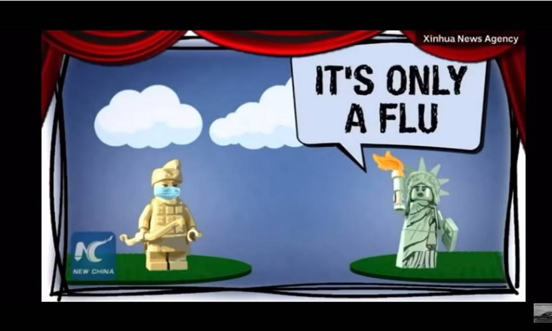 No frame do vídeo, a Estátua da Liberdade aparece retrucando para o guerreiro chinês: 'É apenas uma gripe' Foto: Reprodução