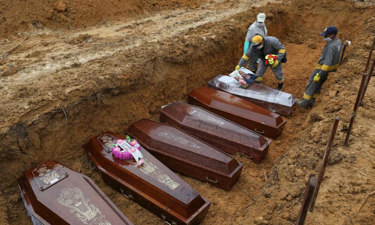 Funcionários do cemitério preparam caixões para serem enterrados em uma vala comum no cemitério de Nossa Senhora, em Manaus, estado da Amazônia. Palco de uma das situações mais dramáticas da pandemia de Covid-19 no Brasil, a cidade tem feito apelos por ajuda internacional para combater a doença Foto: MICHAEL DANTAS / AFP