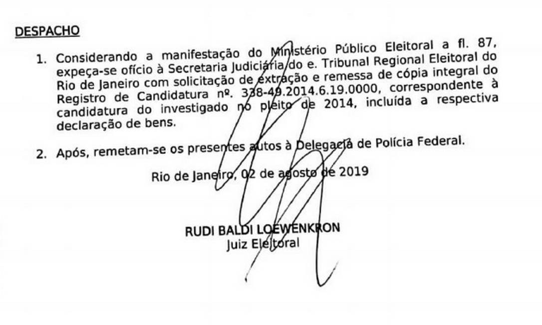 Despacho determinou envio do inquérito de Flávio Bolsonaro para diligências na PF do Rio Foto: Reprodução