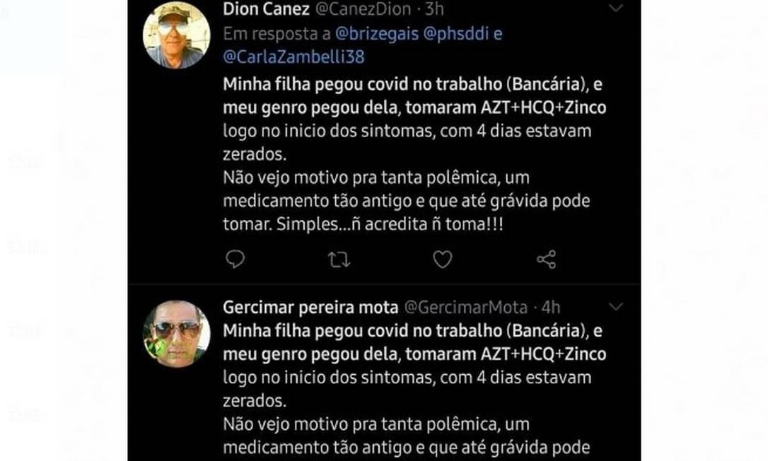 Mensagem igual a favor da cloroquina foi publicada por perfis Foto: Reprodução