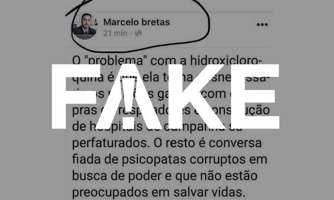 É #FAKE que juiz Marcelo Bretas fez post defendendo uso de remédio experimental e falando em hospitais de campanha superfaturados Foto: Reprodução