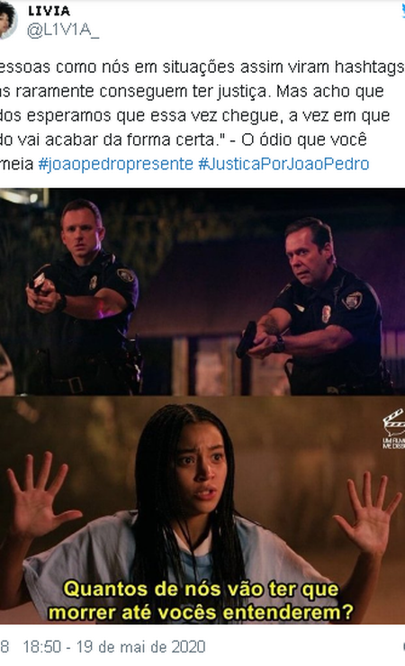 Publicação de repúdio à morte de adolescente faz referência a filme baseado no livro 'O ódio que você semeia' Foto: Twitter / Reprodução