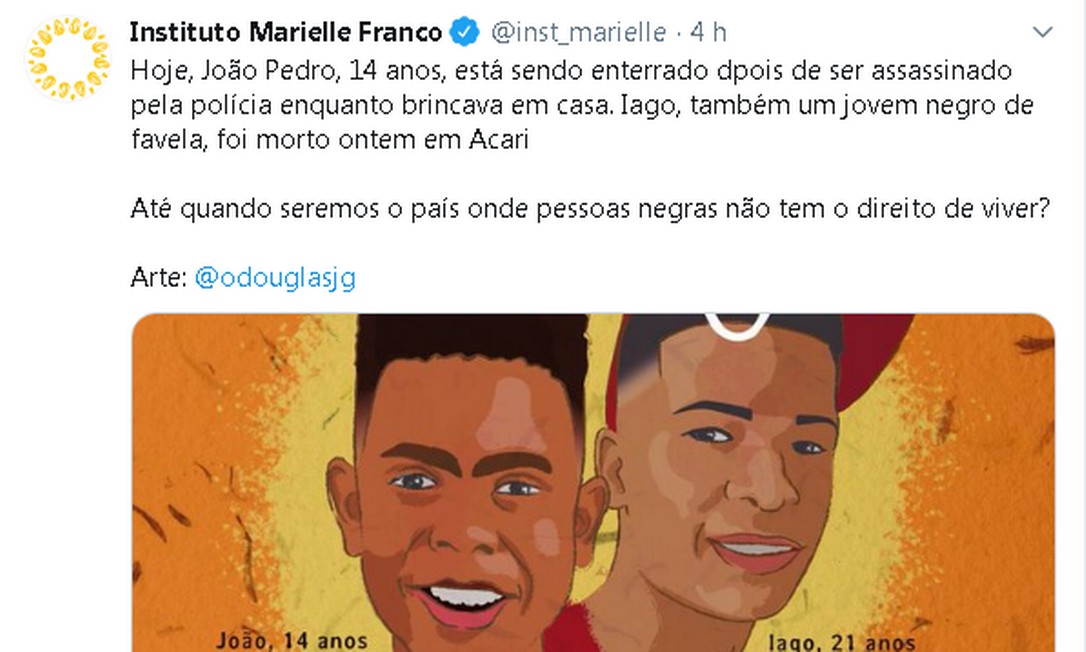 Post do Instituto Marielle Franco em homenagem a vítimas Foto: Twitter / Reprodução