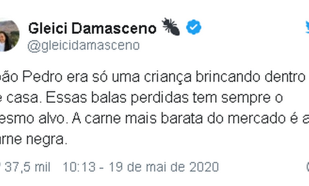 Post da ex-BBB Gleici Damasceno em repúdio à morte de adolescente em operação policial em São Gonçalo Foto: Twitter / Reprodução